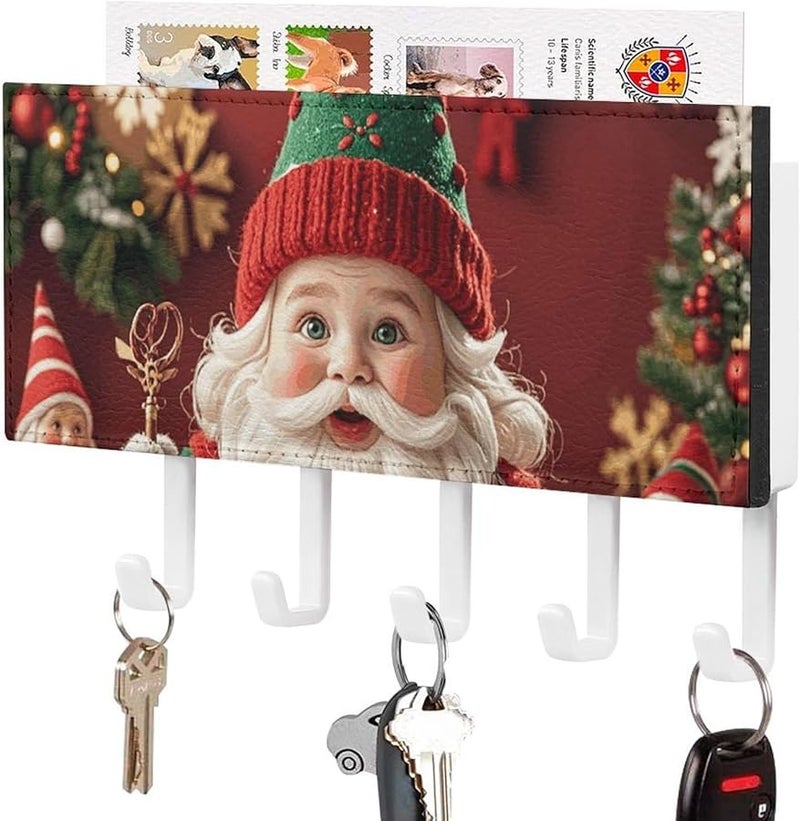 Christmas Whimsical Dwarfs Wall Key Holder With 5 Hooks PU Leather Key Rack Organizer Entryway Storage Housewarming Gift - Image 1