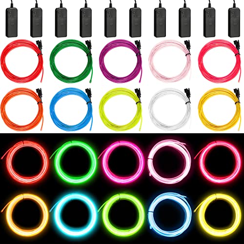 Hortsun 15 Pack 10ft Neon Light El Wire Portable Cuttable Neon Glowing Battery Powered LED Lights Glow in The Dark with Battery Pack for Halloween Party - Image 1
