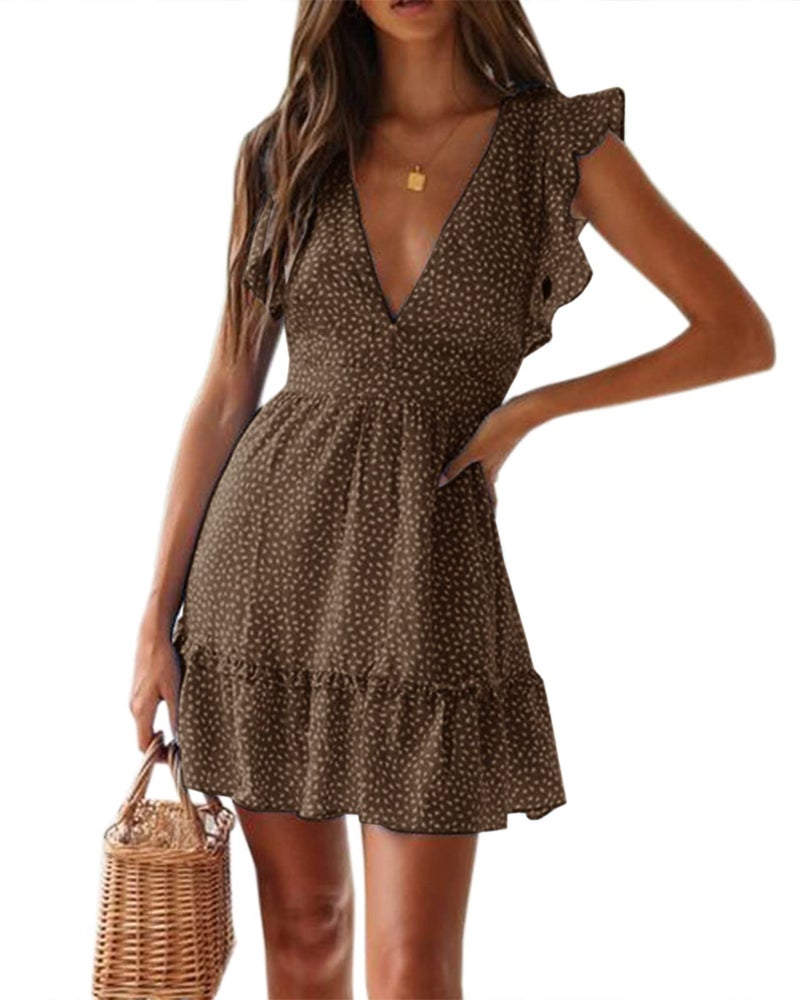 Meikulo Summer Dresses for Women 2026 Floral Mini Dress Flowy Sexy Deep V Neck A-Line Ruffle Flutter Sleeve Cute Polka Dot Swing Sun Dresses - Image 1