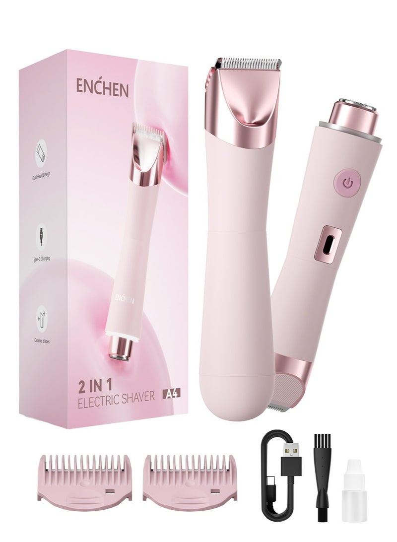 ENCHEN مزيل الشعر الكهربائي 2 في 1 للنساء، قاطع مزدوج الرأس ورأس دائري مع ضوء LED، IPX5، مزيل شعر قابل لإعادة الشحن من نوع C للوجه والساقين والجسم A4-وردي - Image 1