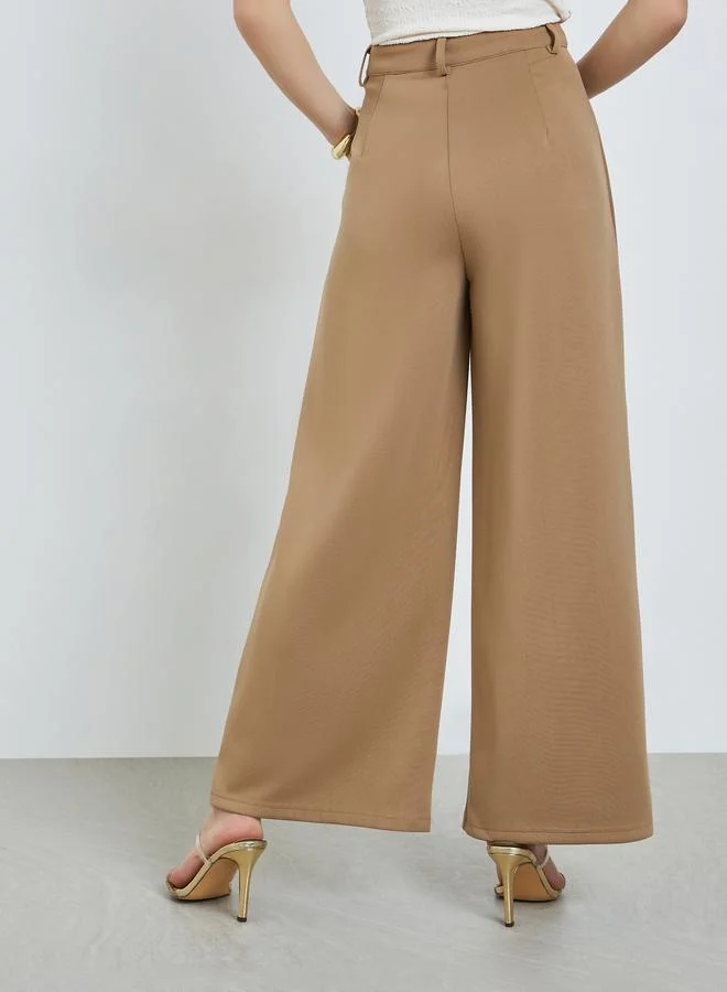Styli Tan Tan Wide Leg Pleated Trousers for Women | Best Price UAE