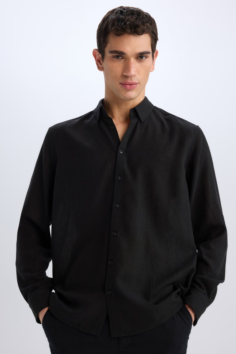 DeFacto Black Man Regular Fit Polo Neck Linen Look Shirt Casual - Image 1