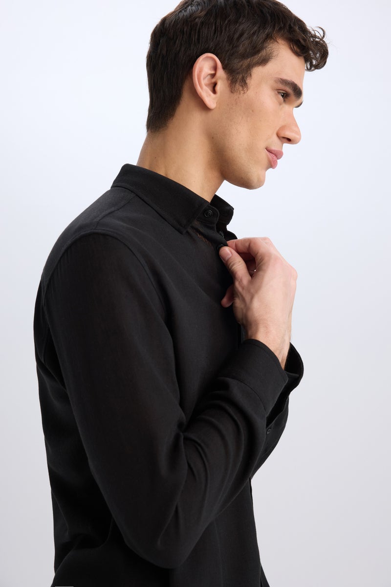 DeFacto Black Man Regular Fit Polo Neck Linen Look Shirt Casual - Image 5