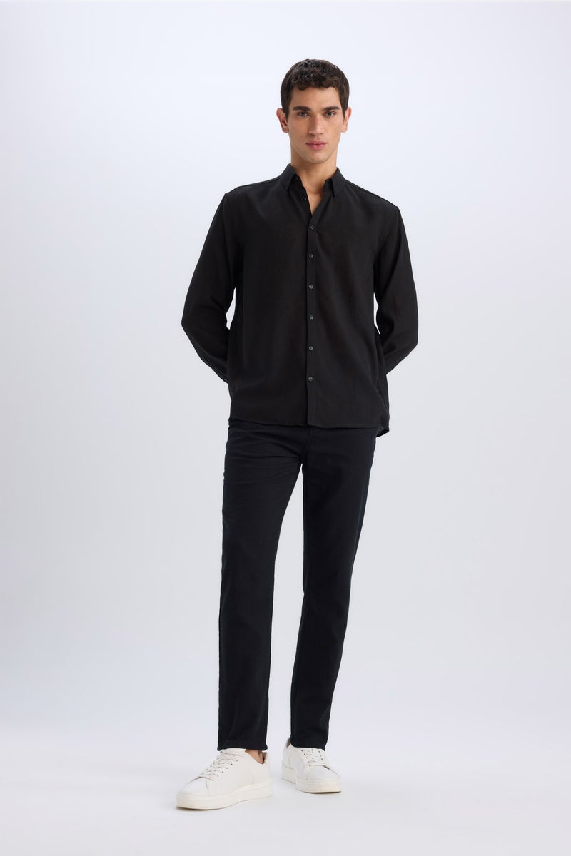 DeFacto Black Man Regular Fit Polo Neck Linen Look Shirt Casual - Image 2