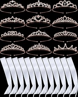 Juinte 12 Blank Sashes and Tiara Set Prom Queen Satin Sashes for Pageants Rhinestone Tiara Crown White Blank Sash DIY - Image 1