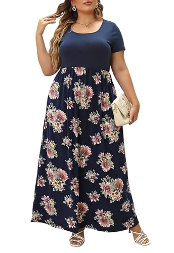 Nemidor Plus Size Maxi Dresses for Curvy Women Casual Summer Short Sleeve Chevron Print Long Dress with Pocket 14-26(155,20,Navy Print) - Image 1