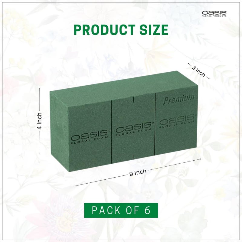 Oasis Pack of 6 Premium Floral Foam Bricks | Green Florist Foam Blocks for Flower Arrangements in Home Décor, Weddings, Events, Festivals & More | Size 9 x 3 x 4 Inches - Image 2