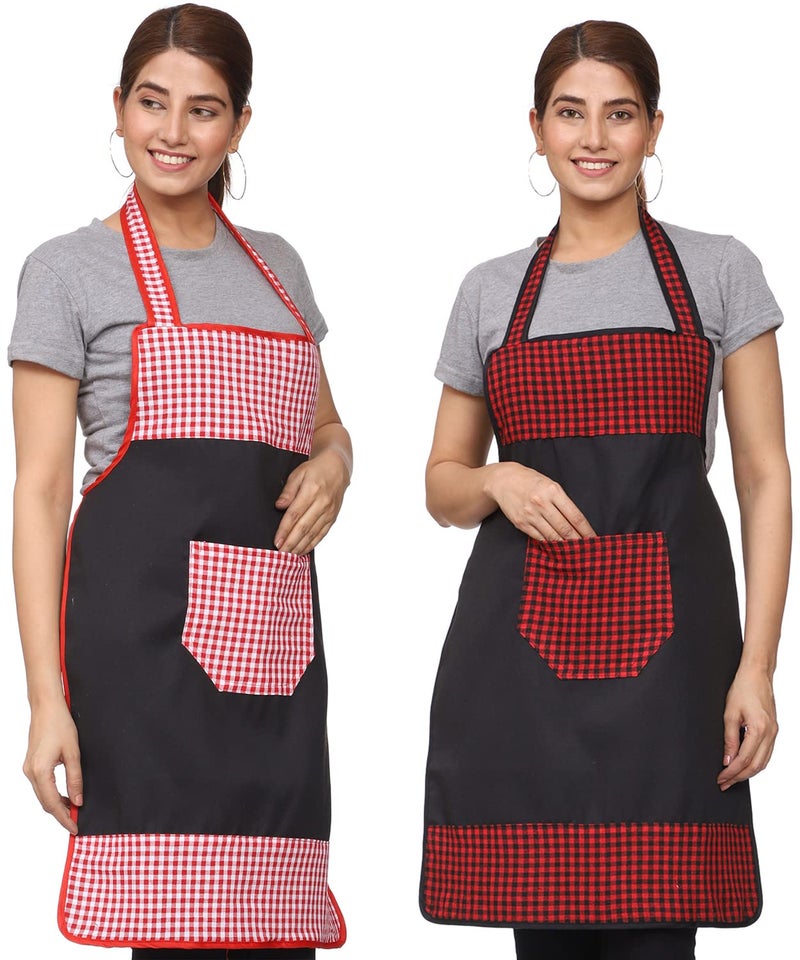 JMi Check and Plain Fabric Designer Waterproof Apron With Front Multi Purpose Pocket For Kitchen, Cooking, Dusting, Home. (Pack of 2) - Image 1