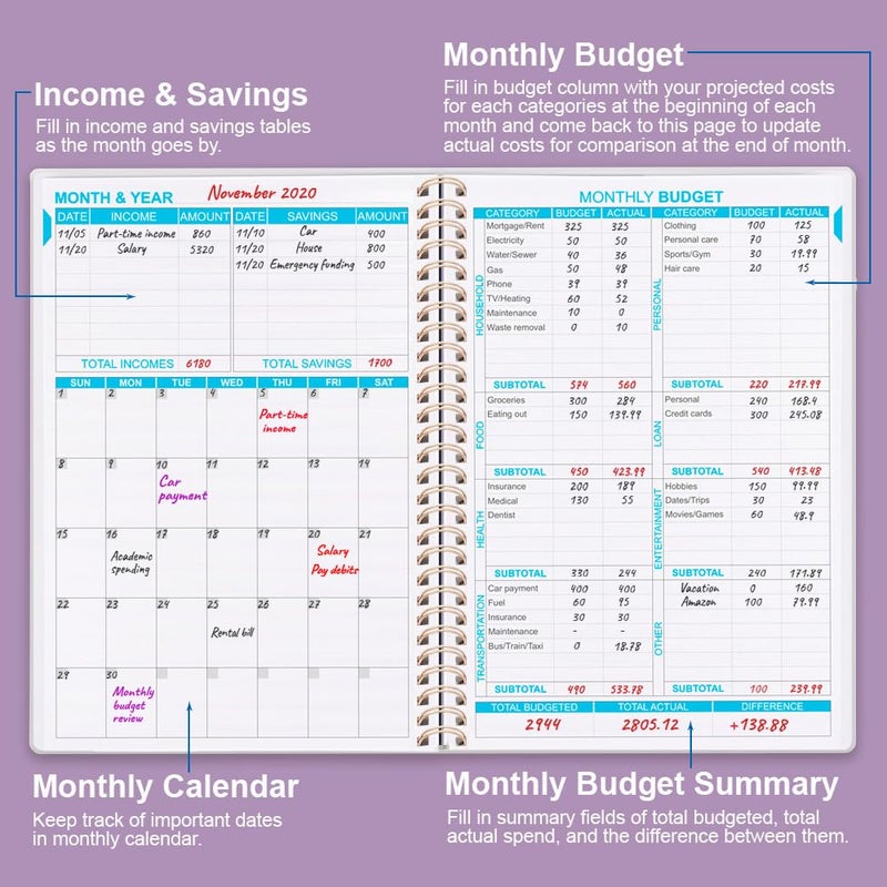 Getvow Budget Planner - Monthly Budget Book with Expense Tracker Notebook, Undated 12 Month Bill Organizer & Finance Planner to Manage Your Money, Account Book with Colorful Tabs, 5.8" x 8.5", Purple - Image 2
