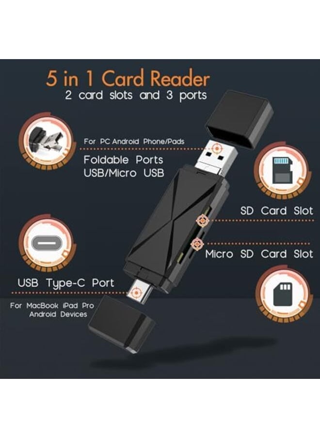 كاست ويف قارئ بطاقات Sd 5 في 1 لأجهزة Android Usb C وUsb 2.0 بطاقة Micro Sd إلى محول USB قارئ بطاقات الذاكرة المحمولة لمنصات هاتف الكمبيوتر، أسود، 2 حزمة  - Image 2