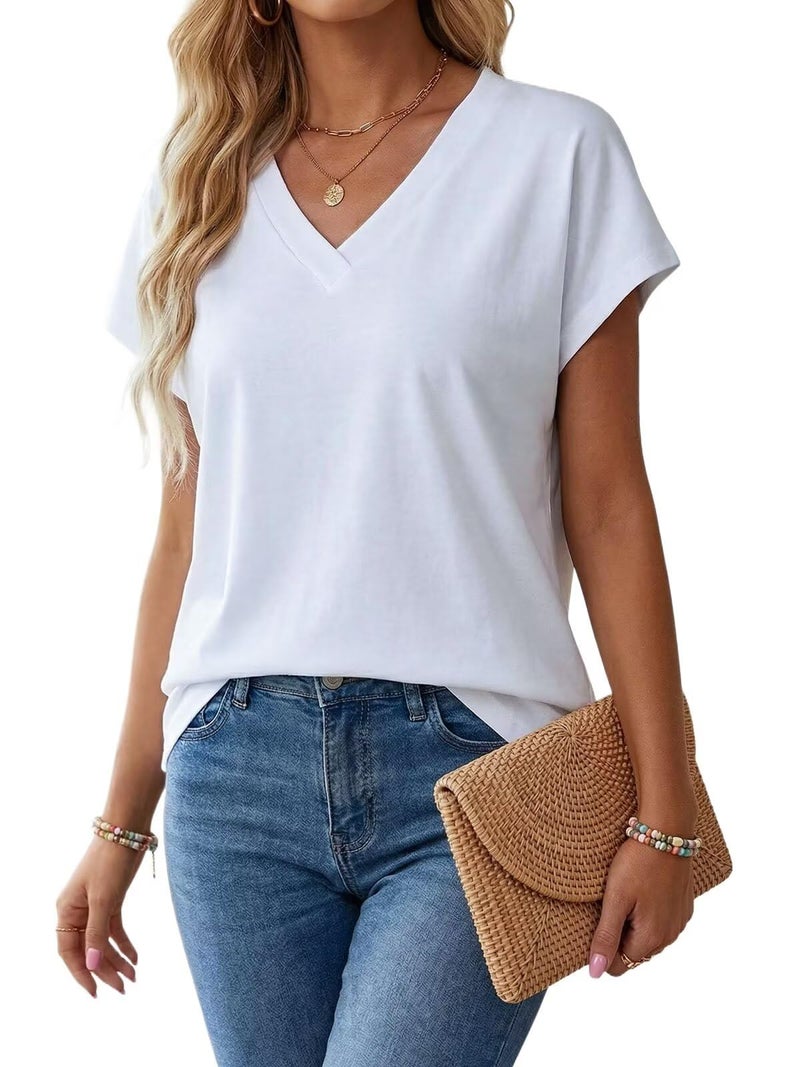 NUKELOLO Women's V Neck T-Shirts Loose Fit Dolman Sleeve Tops - Soft Rayon Casual Summer Tunic for Leggings, Travel & Loungewear (White, Large) - Image 1