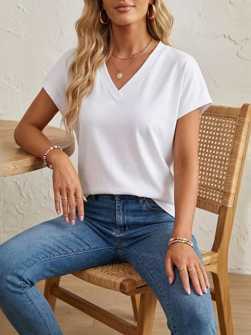 NUKELOLO Women's V Neck T-Shirts Loose Fit Dolman Sleeve Tops - Soft Rayon Casual Summer Tunic for Leggings, Travel & Loungewear (White, Large) - Image 5