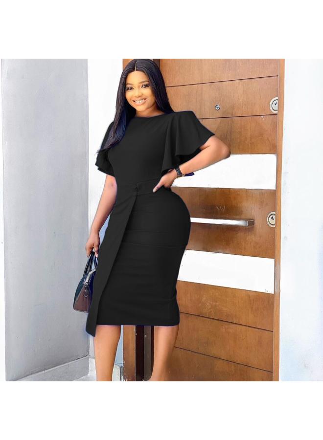 Women's Clothing Europe And The United States Independent Station Spring And Summer Lotus Leaf Sleeve Split Tight Hip Ol Bandage Professional Dress 