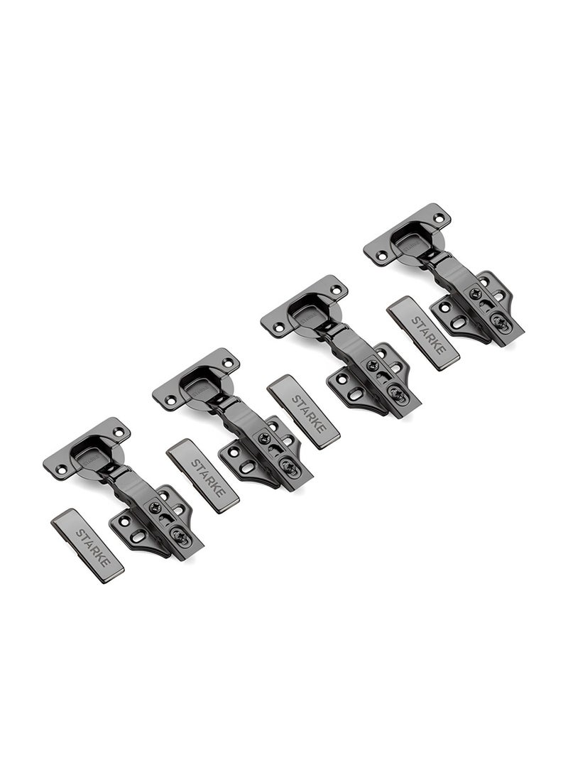 STARKE Pack of 4 Full Overlay Soft Close Fast Mounted 1 Section Force Buffering Hinge - Black Electroplated, 105 Degree Opening Angle, 14-22 mm Application, Protective Cover & Screws included.  - Image 1