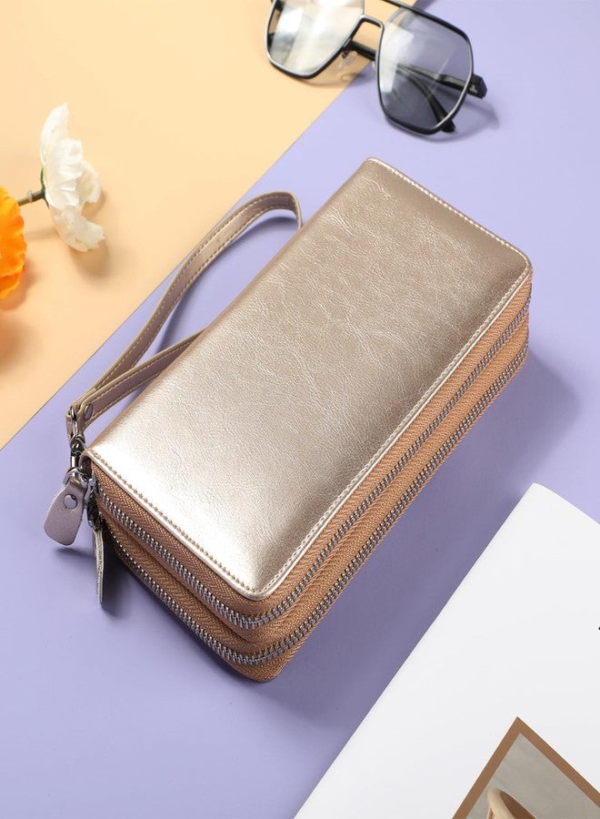 Lavemi Women's 100% Leather Double Zipper Large Capacity RFID Blocking Phone Holder Clutch Travel Purse with Wristlet Strap, Champion Gold, One size - Image 3