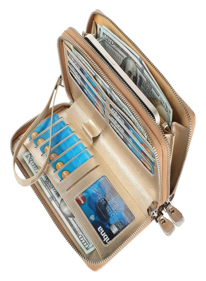 Lavemi Women's 100% Leather Double Zipper Large Capacity RFID Blocking Phone Holder Clutch Travel Purse with Wristlet Strap, Champion Gold, One size - Image 2