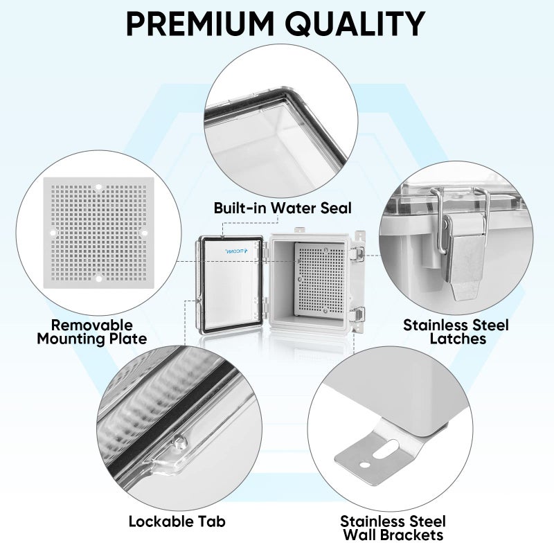 TICONN Waterproof Electrical Junction Box IP67 ABS Plastic Enclosure with Hinged Cover with Mounting Plate, Wall Brackets, Cable Glands (Clear, 5.9"x5.9"x3.5") - Image 4