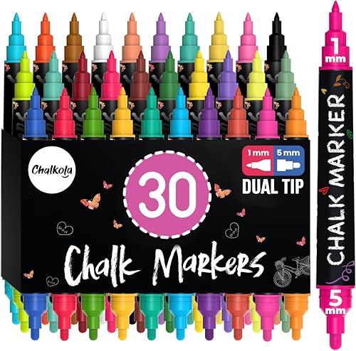 Chalkola Dual Tip Liquid Chalk Markers for Blackboard 30 Pack 1mm Fine Tip 5mm Bold Wet Erase Erasable Chalkboard Markers Chalk Pen for Signs Car Windows Wall Calendar Glass Board - Image 1
