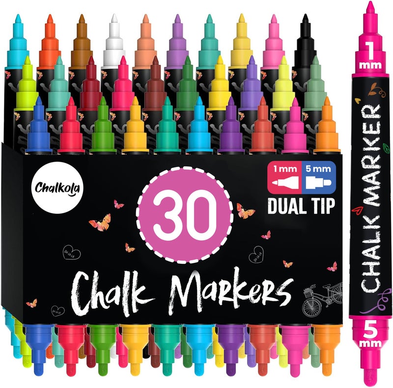Chalkola Dual Tip Liquid Chalk Markers for Blackboard 30 Pack 1mm Fine Tip 5mm Bold Wet Erase Erasable Chalkboard Markers Chalk Pen for Signs Car Windows Wall Calendar Glass Board - Image 2