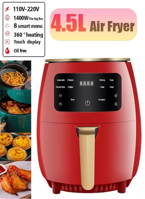 Smart Air Fryer - 4.5L Large Capacity - Automatic Electric Fryer - Screen Touch Control Panel - Auto Power Off - Intelligent Temperature Control - Non-stick Coating -  Oil-free Baking - Home Oven - 1400W