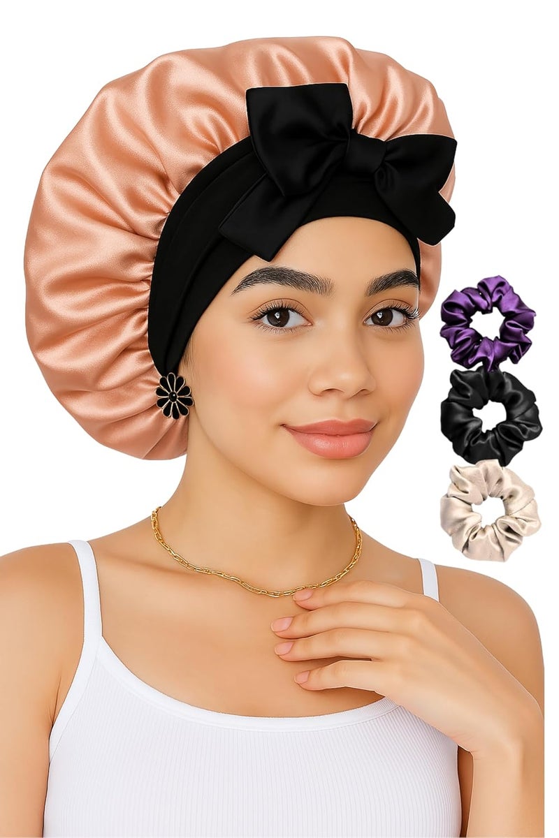 Atrube Silk Bonnet for Hair with 3 Scrunchies Adjustable Silk Hair Cap for Sleeping Satin Bonnet for Curly Hair with Wide Elastic Tie Band Cream - Image 1