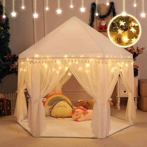 Monobeach White Princess Tent Girls Tassel Decor Large Playhouse Kids Castle Play Tent with Star Lights Toy for Children Indoor and Outdoor Games 55 x 53 White Princess Tent with Tassel - Image 5
