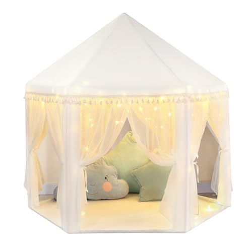 Monobeach White Princess Tent Girls Tassel Decor Large Playhouse Kids Castle Play Tent with Star Lights Toy for Children Indoor and Outdoor Games 55 x 53 White Princess Tent with Tassel - Image 1