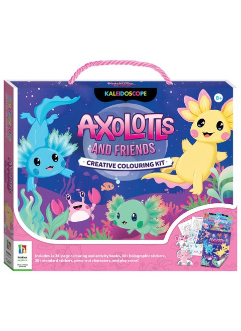 Hinkler Axolotls & Friends Creative Colouring Kit includes 2x24-page Colouring Book, 30+ Holographic Stickers, 30+ Standard Stickers, Press-Out Characters, and Play Scene! Ideal for Creative Expression and Relaxation