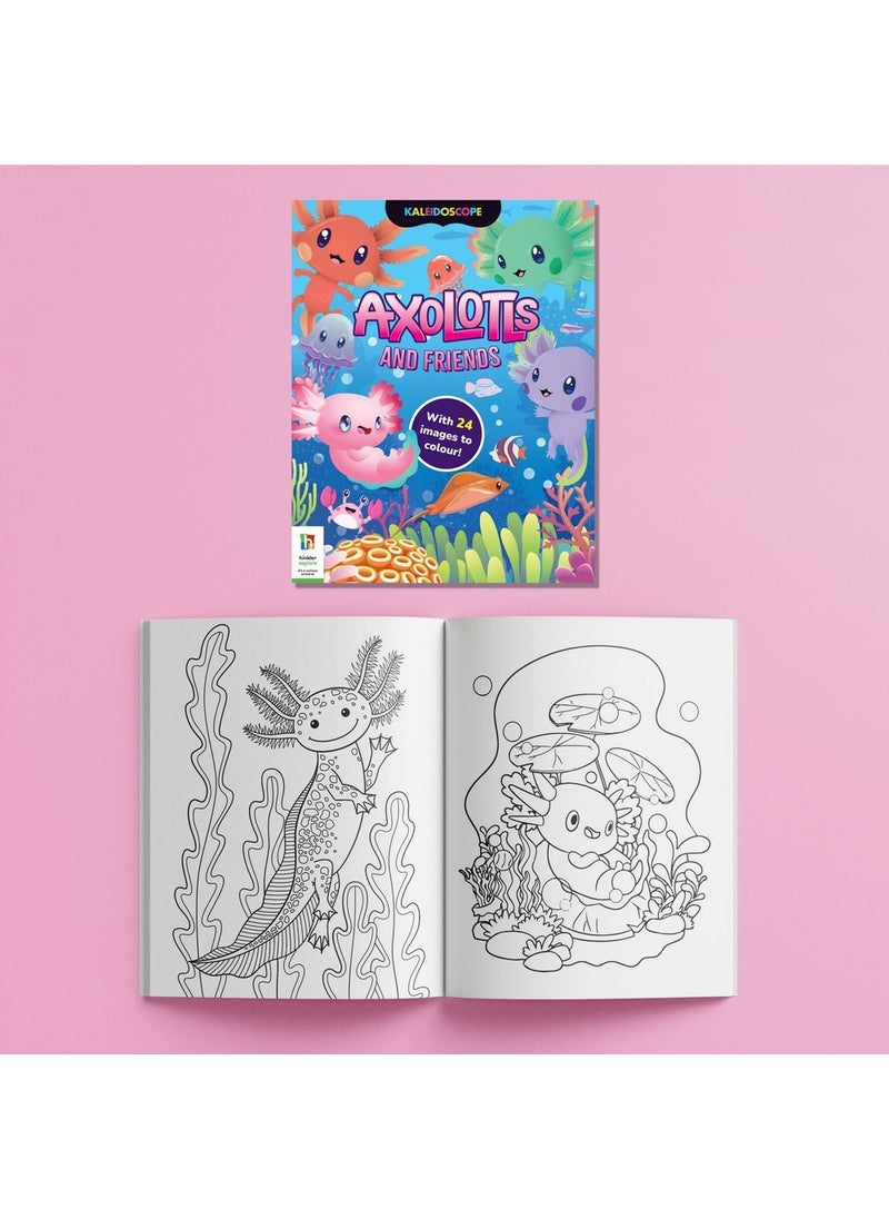 Hinkler Axolotls & Friends Creative Colouring Kit includes 2x24-page Colouring Book, 30+ Holographic Stickers, 30+ Standard Stickers, Press-Out Characters, and Play Scene! Ideal for Creative Expression and Relaxation