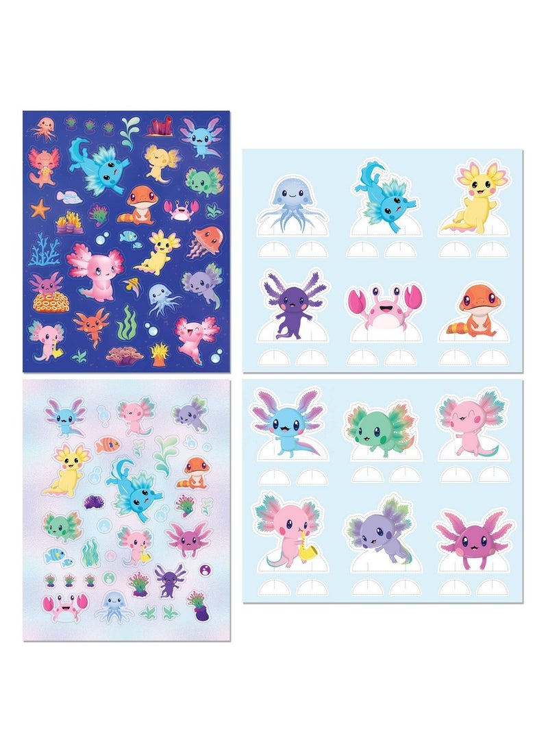 Hinkler Axolotls & Friends Creative Colouring Kit includes 2x24-page Colouring Book, 30+ Holographic Stickers, 30+ Standard Stickers, Press-Out Characters, and Play Scene! Ideal for Creative Expression and Relaxation