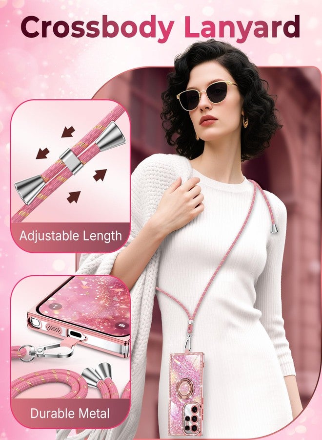 XYZ جراب XYZ لهاتف Galaxy S25 Ultra، غطاء هاتف لامع مزين بحلقتين على شكل قلب وحبل، جراب فاخر مرصع بأحجار الراين مقاوم للصدمات للنساء والفتيات لهاتف Samsung S25 Ultra، لون وردي - Image 3