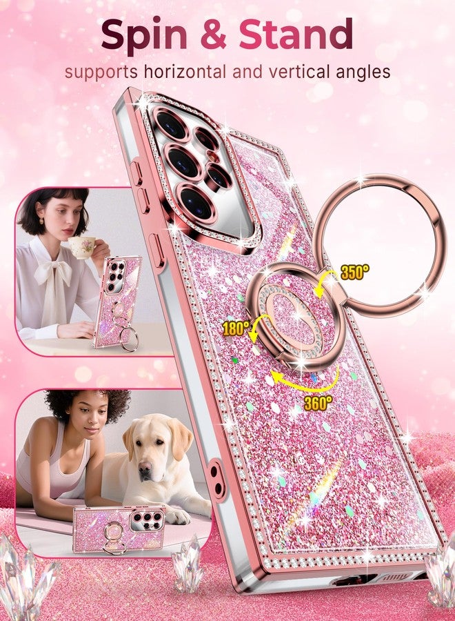 XYZ جراب XYZ لهاتف Galaxy S25 Ultra، غطاء هاتف لامع مزين بحلقتين على شكل قلب وحبل، جراب فاخر مرصع بأحجار الراين مقاوم للصدمات للنساء والفتيات لهاتف Samsung S25 Ultra، لون وردي - Image 2