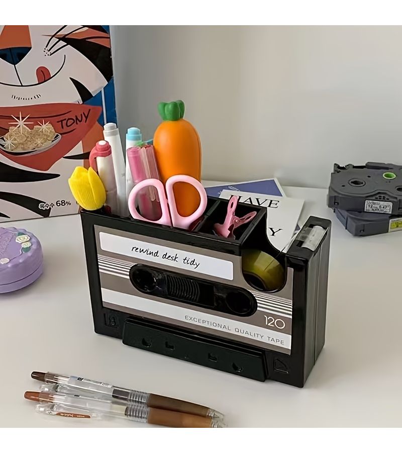 Pink Vintage Cassette Tape Dispenser Pen Holder - Image 1