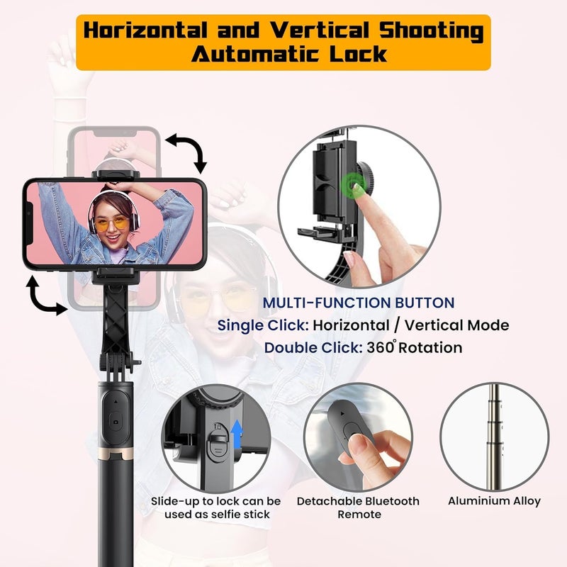 Hold Up مثبت جيمبال بزاوية 1 لمحطة الهاتف الذكي مع عصا سيلفي بلوتوث قابلة للتمديد وحامل ثلاثي، جهاز تحكم عن بعد متعدد الوظائف بتدوير تلقائي 360 درجة - Image 3