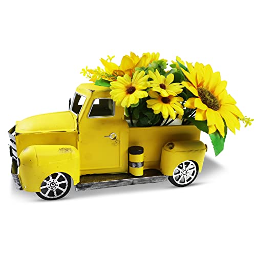 Fleecy day Sunflower Metal Truck with Artificial Flower Vintage Farm Pickup Farmhouse Tabletop Tiered Tray Decor, Rustic Farmhouse Decor for Table Top Decor Home Kitchen(Yellow) - Image 1