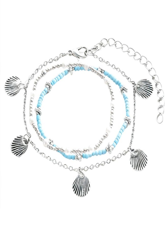FFZDENA 1 Set Anklets For Women Fancy, Bohemian Vacation Style Stretchable Foot Jewelry 3-Piece Set, Blue Anklet For Women, Resin Material, Ankle Bracelets For Women With Shell Pearl, 9.4g - Image 1