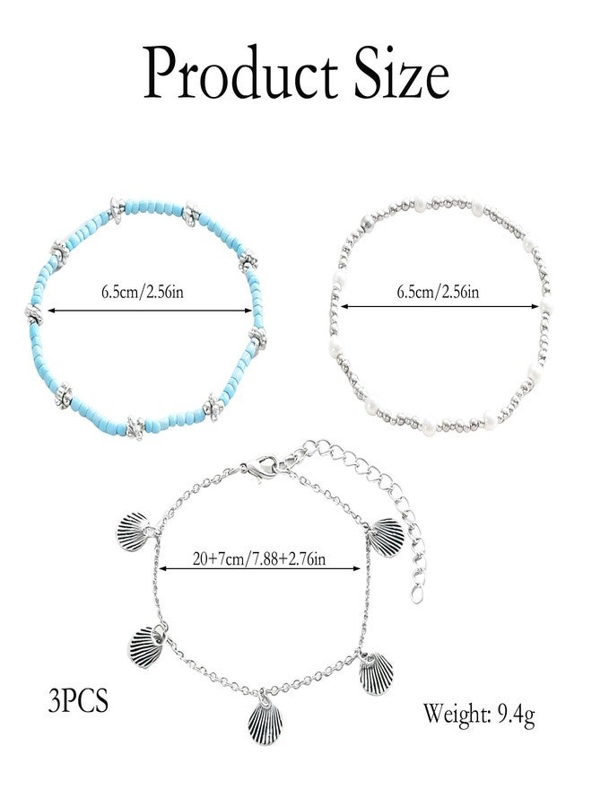 FFZDENA 1 Set Anklets For Women Fancy, Bohemian Vacation Style Stretchable Foot Jewelry 3-Piece Set, Blue Anklet For Women, Resin Material, Ankle Bracelets For Women With Shell Pearl, 9.4g - Image 2
