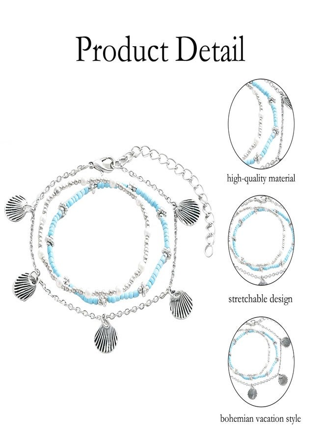 FFZDENA 1 Set Anklets For Women Fancy, Bohemian Vacation Style Stretchable Foot Jewelry 3-Piece Set, Blue Anklet For Women, Resin Material, Ankle Bracelets For Women With Shell Pearl, 9.4g - Image 3
