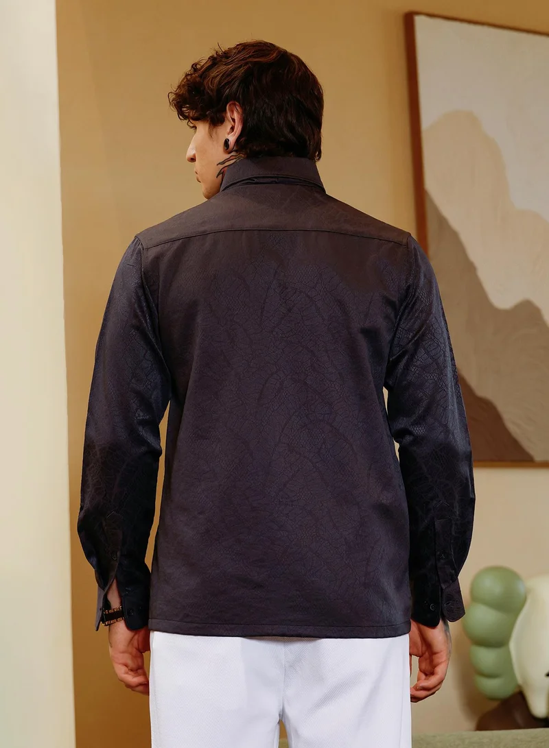 Campus Sutra Campus Sutra Men Reptilia Jacquard Shirt | Button-Down One-Piece Collar Long Cuffed Sleeves | Button Closure Curved Hem | Solid Jacquard | Woven Fabric For Evening & Party Wear | Onyx Black