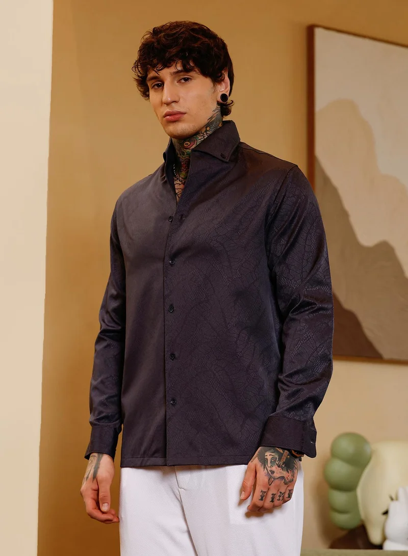 Campus Sutra Campus Sutra Men Reptilia Jacquard Shirt | Button-Down One-Piece Collar Long Cuffed Sleeves | Button Closure Curved Hem | Solid Jacquard | Woven Fabric For Evening & Party Wear | Onyx Black