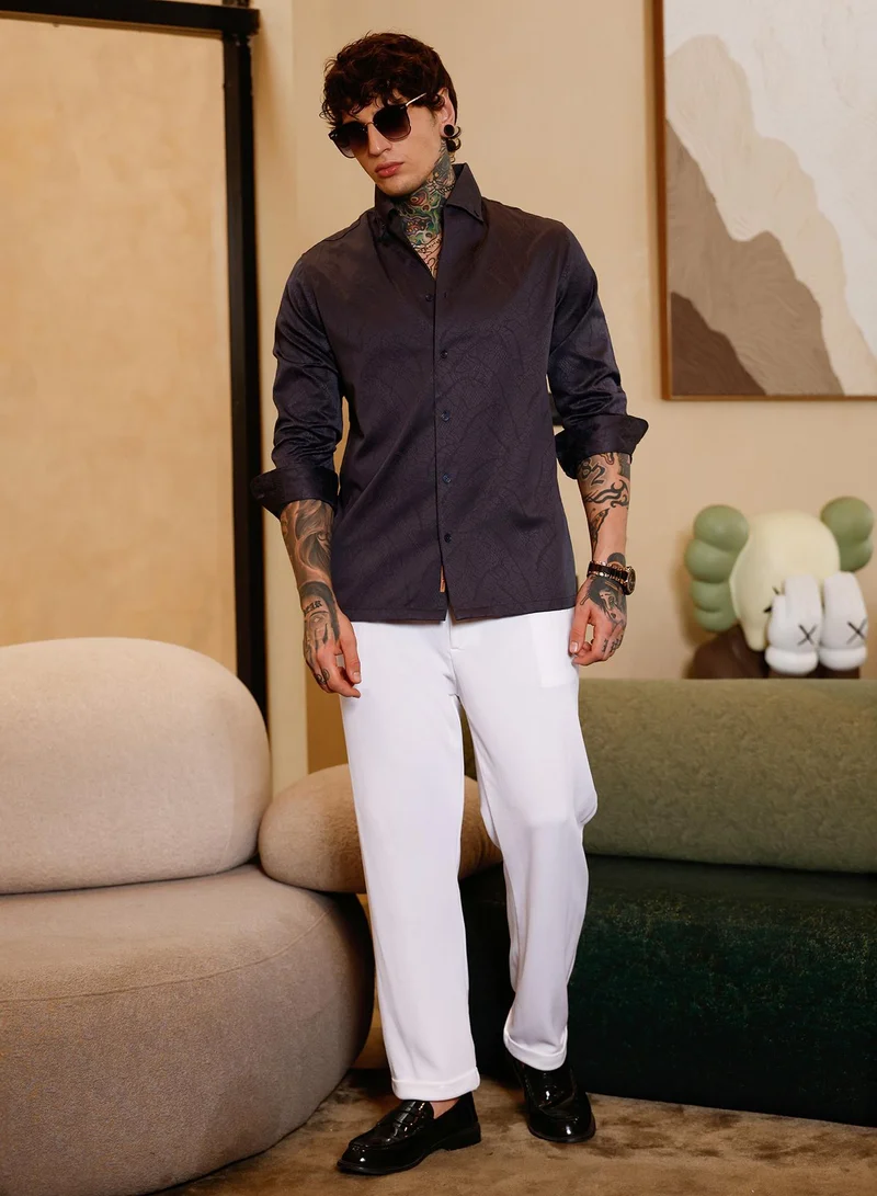 Campus Sutra Campus Sutra Men Reptilia Jacquard Shirt | Button-Down One-Piece Collar Long Cuffed Sleeves | Button Closure Curved Hem | Solid Jacquard | Woven Fabric For Evening & Party Wear | Onyx Black