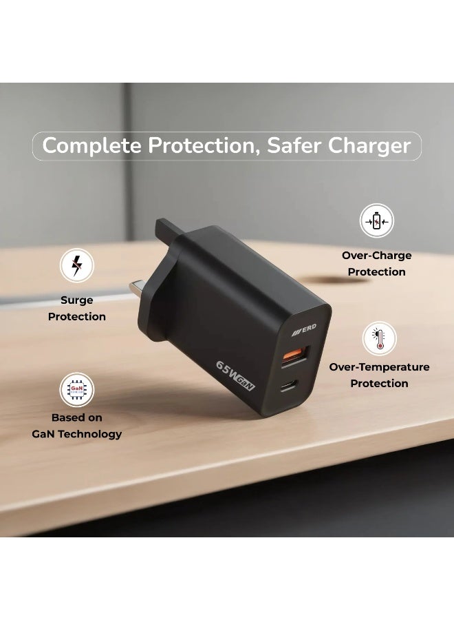 ERD شاحن سريع ERD TCU-646 بقوة 65 واط - منفذين USB-A و USB-C مع كابل C إلى C | شحن سريع متعدد الأجهزة | أسود | 65 واط - Image 3