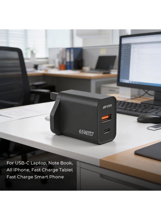 ERD شاحن سريع ERD TCU-646 بقوة 65 واط - منفذين USB-A و USB-C مع كابل C إلى C | شحن سريع متعدد الأجهزة | أسود | 65 واط - Image 4