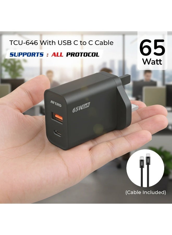 ERD شاحن سريع ERD TCU-646 بقوة 65 واط - منفذين USB-A و USB-C مع كابل C إلى C | شحن سريع متعدد الأجهزة | أسود | 65 واط - Image 1