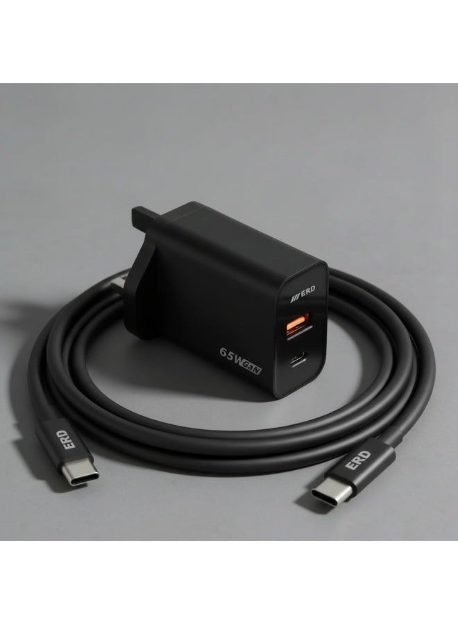 ERD شاحن سريع ERD TCU-646 بقوة 65 واط - منفذين USB-A و USB-C مع كابل C إلى C | شحن سريع متعدد الأجهزة | أسود | 65 واط - Image 2