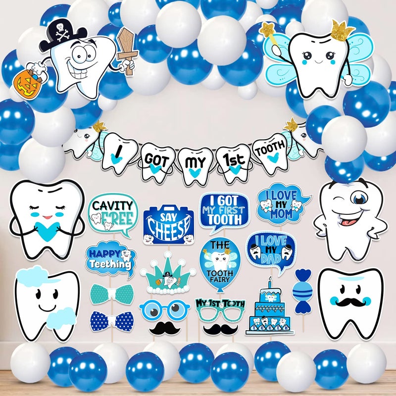 Zyozique مجموعة زيوزيك 65 - مجموعة زينة أسناني الأولى تتضمن لافتة ورقية لالتقاط الصور وبالونات، عناصر زينة الأسنان الأولى، عناصر زينة الأسنان 1، زينة حفل الأرز (أزرق) - Image 1
