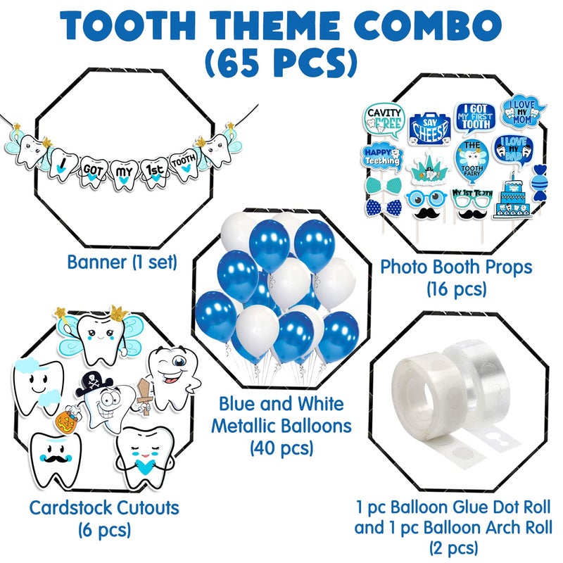 Zyozique مجموعة زيوزيك 65 - مجموعة زينة أسناني الأولى تتضمن لافتة ورقية لالتقاط الصور وبالونات، عناصر زينة الأسنان الأولى، عناصر زينة الأسنان 1، زينة حفل الأرز (أزرق) - Image 2