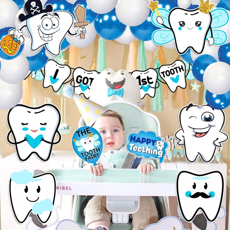 Zyozique مجموعة زيوزيك 65 - مجموعة زينة أسناني الأولى تتضمن لافتة ورقية لالتقاط الصور وبالونات، عناصر زينة الأسنان الأولى، عناصر زينة الأسنان 1، زينة حفل الأرز (أزرق) - Image 4