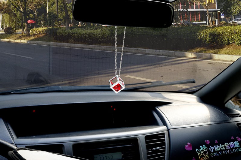 Fsforcar Bling Diamond Cube Car Rear View Mirror Charms, Crystal Rhinestone Cube Hanging Ornament for Automotive, Home Decor (Red) - Image 4