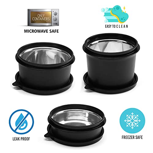 SOPL-OLIVEWARE Benny Microwave Steel Containers with BPA Free Airtight Lid, Leak Proof, 3 Inside Steel Container (290 ml, 450 ml & 600 ml), Home & Office Use - Black - Image 4